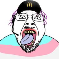 cap clothes flag glasses hair hat headphones lipstick mcdonalds open_mouth soyjak stubble tongue tranny variant:bernd yellow_hair yellow_teeth // 1000x1007 // 222.4KB