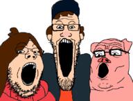 3soyjaks animal calarts cartoon clothes dipper disney ear glasses gravity_falls mabel open_mouth pig soyjak soyjak_trio stretched_mouth stubble variant:gapejak variant:markiplier_soyjak variant:tony_soprano_soyjak waddles // 828x631 // 43.5KB