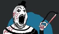 art_the_clown blood clothes clown drawn_background hand hat holding_object open_mouth saw soyjak stubble terrifier top_hat variant:gapejak // 1659x962 // 122.2KB