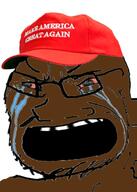 black_skin bloodshot_eyes cap clothes crying distorted donald_trump glasses hat maga open_mouth politics soyjak stubble variant:soyak // 784x1100 // 491.3KB