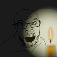 candle darkness glasses light open_mouth soyjak stubble variant:feraljak // 600x600 // 150.1KB