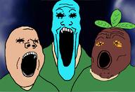 3soyjaks clothes nintendo open_mouth plant soyjak soyjak_trio stretched_mouth stubble the_legend_of_zelda the_legend_of_zelda:_majora's_mask variant:gapejak variant:markiplier_soyjak variant:tony_soprano_soyjak video_game zora // 823x559 // 77.0KB