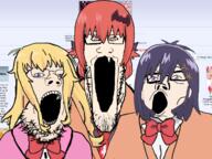 3soyjaks anime bowtie clothes female g_(4chan) gabriel_dropout gabriel_tenma_white glasses hair necktie open_mouth ornament satania soyjak soyjak_trio stretched_mouth stubble technology text variant:gapejak variant:markiplier_soyjak variant:tony_soprano_soyjak vignette_tsukinose_april white_skin // 1214x910 // 658.3KB