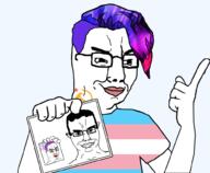 3soyjaks angry arm colorful_hair communism ear flag glasses hair hammer_and_sickle hand holding_object pointing purple_hair smile smug soyjak subvariant:chudjak_front tranny variant:chudjak // 1000x824 // 308.5KB