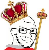 closed_mouth clothes crown gem glasses hat king scepter smile smug soyjak stubble variant:soyak // 420x426 // 126.8KB