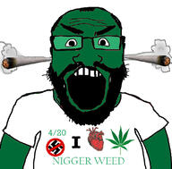 420 beard clothes glasses green_skin hair i_love nazism nigger nigger_weed open_mouth smoke soyjak subvariant:science_lover swastika tshirt variant:markiplier_soyjak weed // 800x789 // 134.0KB