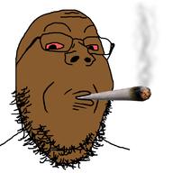 brown_skin glasses red_eyes smoke smoking soyjak stubble variant:gapejak weed // 800x800 // 78.4KB