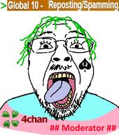 4chan clothes flag glasses green_hair hair mustache open_mouth soyjak stubble text tongue tranny variant:bernd // 432x489 // 57.7KB