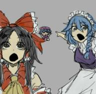 2soyjaks anime arm bowtie clothes dress female fumo hakurei_reimu izayoi_sakuya meta:not_a_soyjak open_mouth pointing remilia_scarlet soy_parody touhou variant:two_pointing_soyjaks video_game // 598x581 // 406.9KB