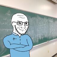 arm blackboard blue_shirt chalkboard closed_mouth clothes crossed_arms glasses irl_background smile smug soyjak stubble teacher variant:soyak // 839x850 // 511.4KB