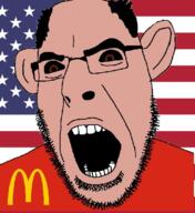 amerimutt brown_eyes brown_skin clothes country ear flag flag:united_states glasses mcdonalds open_mouth soyjak stubble united_states variant:cobson // 578x632 // 325.7KB