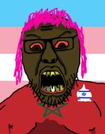 black_skin bloodshot_eyes clothes country cracked_teeth flag glasses hair israel morocco open_mouth purple_hair soyjak stubble tranny variant:feraljak_front yellow_teeth // 800x1024 // 66.6KB