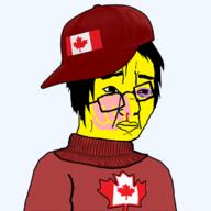 asian baseball_cap beaten canada closed_mouth clothes country flag flag:canada glasses hair hat soyjak sweater variant:chudjak yellow_skin // 700x700 // 219.2KB