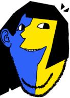 blue_skin cartoon ear ena female hair looking_to_the_right newgrounds no_eyebrows no_nose smile soyjak stubble subvariant:wholesome_soyjak variant:gapejak yellow_skin // 552x774 // 15.0KB