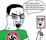 angry arm bloodshot_eyes clothes crying glasses hair hand holding_object mirror nazism open_mouth pol_(4chan) soyjak speech_bubble swastika text tshirt variant:chudjak // 1224x1052 // 194.0KB