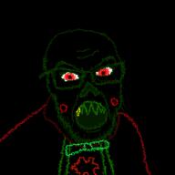 black_background bowtie caliborn cape cherub_(homestuck) glasses golden_tooth green_skin green_teeth homestuck open_mouth red_eyes red_shirt sharp_teeth skull soyjak stubble style_emulation suspenders variant:feraljak // 500x500 // 11.2KB