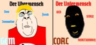 angry aryan black_skin blue_eyes closed_mouth fat glasses hair nazism red_eyes soyjak stubble swastika text variant:chugsjak variant:cobson white_skin yellow_hair yellow_teeth // 3375x1600 // 947.5KB