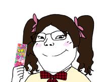 arm asian bowtie brown_hair female glasses grape gum hair hand holding_object japan japanese_text plaid school_uniform small_eyes smile subvariant:soylita twintails variant:gapejak // 1012x861 // 133.0KB