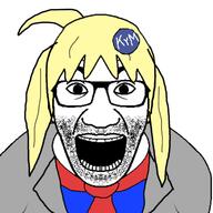 badge clothes female glasses hair jacket knowyourmeme necktie open_mouth soyjak stubble variant:el_perro_rabioso yellow_hair // 562x562 // 125.2KB