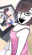 2soyjaks anime arm clothes drawing female glasses hair holding_object smug soyjak stubble variant:soyak // 850x1446 // 1.4MB