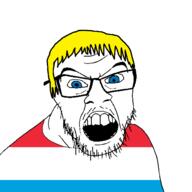 blue_eyes clothes country flag flag:luxembourg glasses hair luxembourg open_mouth soyjak stubble variant:feraljak yellow_hair // 1500x1500 // 30.0KB