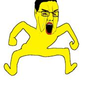 angry animated arm asian bloodshot_eyes crying full_body glasses hair hand leg monkey_dance open_mouth soyjak variant:chudjak yellow_skin // 570x537 // 56.2KB