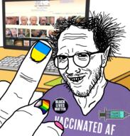 badge black_lives_matter catalog clothes computer ear flag glasses hair lgbt middle_finger painted_nails pol_(4chan) progress_pride_flag russo_ukrainian_war smile soyjak stubble syringe text thunderf00t ukraine vaccine variant:thunderf00t // 511x535 // 293.8KB