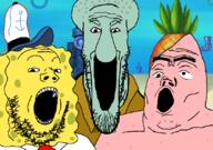 animal blue_skin cartoon clothes hat nickelodeon patrick_star pineapple pink_skin soyjak soyjak_trio spongebob_squarepants squidward variant:gapejak variant:markiplier_soyjak variant:tony_soprano_soyjak yellow_skin // 828x581 // 261.9KB