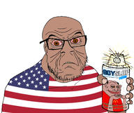 amerimutt bloodshot_eyes brown_eyes brown_skin fat flag food glasses goy goyslop hand holding_object soyjak spray stubble text united_states variant:feraljak wrinkles // 1408x1178 // 692.0KB