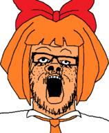 bow clothes glasses mymy necktie ongezellig open_mouth orange_hair orange_skin soyjak stubble variant:a24_slowburn_soyjak // 543x661 // 18.1KB