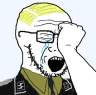 closed_eyes crying glasses hair hand nazism open_mouth schutzstaffel soyjak stubble variant:soyak yellow_hair // 810x800 // 228.6KB