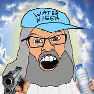 beard cap christianity clothes firearm glasses glowing god green_eyes grey_hair gun hair hand hat heaven holding_gun holding_object holding_pistol mustache open_mouth pistol plastic_bottle pointing pointing_at_viewer religion robe sky soyjak text variant:feraljak water water_bottle weapon white_skin // 800x800 // 216.8KB