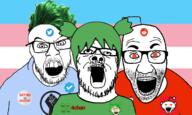 3soyjaks 4chan angry anime antenna badge black_lives_matter clothes flag glasses green_eyes green_hair hair mustache open_mouth racism raised_fist_(symbol) red_eyes reddit soyjak stubble tranny twitter twitter_checkmark variant:a24_slowburn_soyjak variant:el_perro_rabioso variant:feraljak variant:snoojak yellow_teeth yotsoyba // 1208x726 // 447.6KB