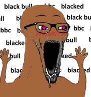 arm bbc blacked blush brown_skin drool glasses hand hands_up heart open_mouth soyjak stubble subvariant:wewjak text variant:soyak // 374x398 // 61.3KB