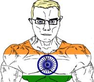 arm blue_eyes buff chud closed_mouth country flag flag:india glasses india muscles subvariant:chudjak_front subvariant:muscular_chud variant:chudjak yellow_hair // 1059x929 // 332.4KB