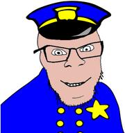 badge cap clothes glasses happy hat mustache no_eyebrows open_mouth police smile soyjak star stubble utubetrollspolice variant:feraljak white_skin // 416x444 // 42.1KB