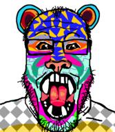 animal colorful fangs furry glasses lion open_mouth orange_eyes soyjak stubble tagme_character_name tongue variant:markiplier_soyjak // 516x594 // 78.6KB