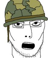 clothes glasses hat helmet m1_helmet military open_mouth soldier soyjak stubble variant:jasonjak // 312x377 // 8.5KB