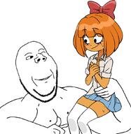 arm bowtie buff clothes female hair hand holding_object looking_at_each_other mymy necktie nipple ongezellig orange_hair orange_skin skirt smile soyjak stubble subvariant:wholesome_soyjak swolesome variant:gapejak wink // 1020x1050 // 423.8KB