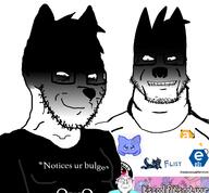 3soyjaks blush closed_mouth clothes discord flag furry glasses hair ominous owo purple_hair smile smug soyjak stubble tranny variant:bernd variant:markiplier_soyjak variant:soyak // 1296x1200 // 327.4KB