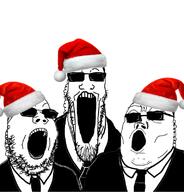 3soyjaks central_intelligence_agency christmas clothes earpiece glasses hat open_mouth santa_hat soyjak soyjak_trio stretched_mouth stubble suit sunglasses variant:gapejak variant:markiplier_soyjak variant:tony_soprano_soyjak // 766x800 // 248.1KB