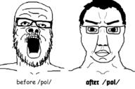 2soyjaks before_after glasses hair mustache open_mouth pol_(4chan) soyjak stubble subvariant:chudjak_front text variant:a24_slowburn_soyjak variant:chudjak // 984x649 // 199.3KB