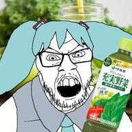 angry blue_hair bottle clothes drink food glasses hai hatsune_miku irl_background japanese_text juice mustache necktie open_mouth soyjak stubble variant:feraljak vegetable // 1500x1500 // 405.2KB