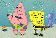 2soyjaks background blue_eyes cartoon closed_mouth drawn_background eyebrows freckles gun holding_gun holding_object holding_pistol nickelodeon nose patrick_star pink_skin pistol redraw shotgun smile soyjak spongebob_squarepants swimsuit variant:chudjak variant:cobson yellow_skin // 785x541 // 379.9KB