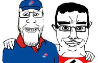 2soyjaks clothes dominos_pizza ear flag friendship glasses grin hair hand happy hat holding_object mustache nazism pizza smile soyjak stubble subvariant:chudjak_front swastika variant:chudjak variant:markiplier_soyjak // 617x400 // 120.6KB