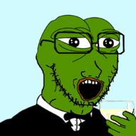 animal beer bowtie cup frog glasses green green_skin hand holding_object open_mouth pepe soyjak stubble tuxedo variant:soyak // 1024x1024 // 250.8KB