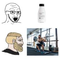 bottle glasses lifting negro nordic_chad open_mouth plastic_bottle soy soyjak soylent soylent_(original) soylent_bottle squatting stubble variant:soyak // 647x645 // 282.0KB