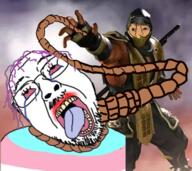 2soyjaks bloodshot_eyes crying glasses hair hanging mask mortal_kombat mustache ninja purple_hair rope scorpion soyjak stubble tongue tranny variant:bernd variant:chudjak video_game wojak yellow_teeth // 490x436 // 318.8KB