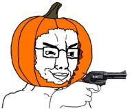 closed_mouth clothes firearm foodjak glasses gun hand hat holding_gun holding_object holding_pistol pistol pointing pumpkin revolver soyjak variant:chudjak weapon // 1212x1004 // 116.7KB