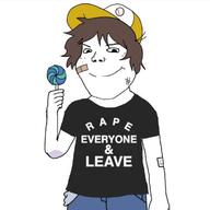 bandage brown_hair cap closed_mouth clothes hair hat holding_lollipop holding_object lollipop rape shota smile soyjak subvariant:shoyta text tshirt variant:gapejak // 720x720 // 32.2KB